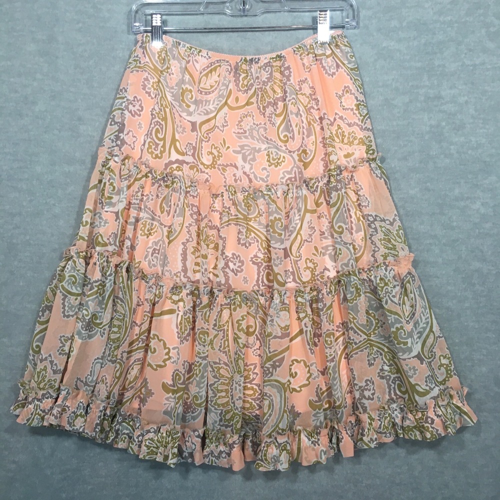 Chadwicks S Paisley Boho Pull-On A-Line Ruffle Midi Skirt Peach Sheer Lined